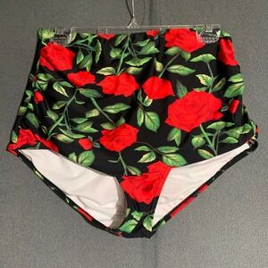 Cocoship Womens 2XL High Waisted Bikini Bottoms Black Red Rose Floral Ruched